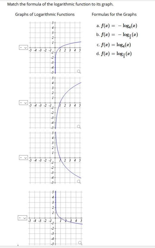 Match the formula of the logarithmic function to its graph.
Graphs of Logarithmic Functions
Formulas for the Graphs
a. f(z) = - log,(z)
4
b. f(z) = - log: (x)
c. f(x) = log,(x)
-4 -3 -2 -1
1 2
d. f(z) = log: (2)
-2
-3
-4
4
-5 4 -3 -2 -1
--
-2
4-
-5
2-
-5-4 -3 -2 -1
2 345
-2
-4
-5t
4
4-3
-2
-3
-4
-5+
