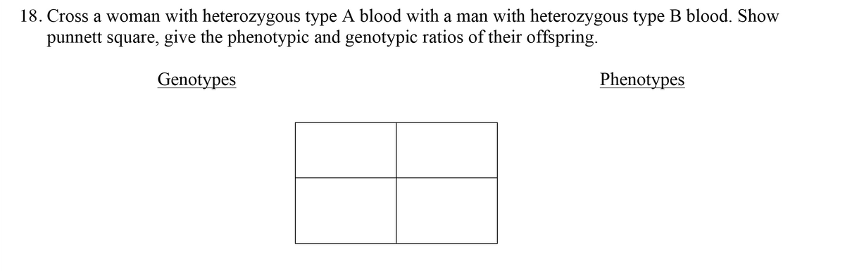 18. Cross a woman with heterozygous type A blood with a man with heterozygous type B blood. Show
punnett square, give the phenotypic and genotypic ratios of their offspring.
Genotypes
Phenotypes
