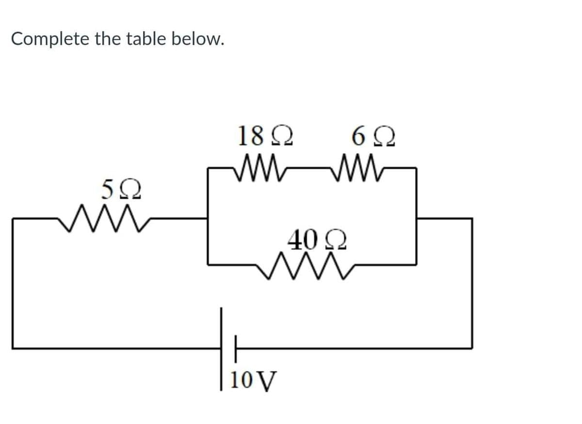 Complete the table below.
5Ω
Μ M
18 Ω
ww
10V
35 07
w
6Ω