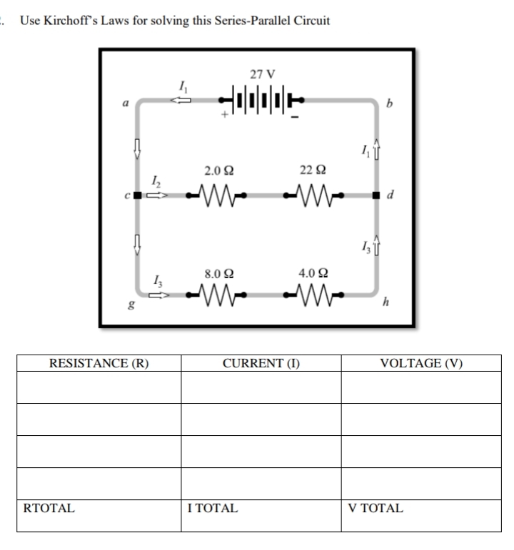 . Use Kirchoff's Laws for solving this Series-Parallel Circuit
27 V
어미미미미
g
RESISTANCE (R)
RTOTAL
2
15
2.0 2
8.02
22 2
싸
4.0 2
CURRENT (I)
I TOTAL
LI
sit
b
d
h
VOLTAGE (V)
V TOTAL