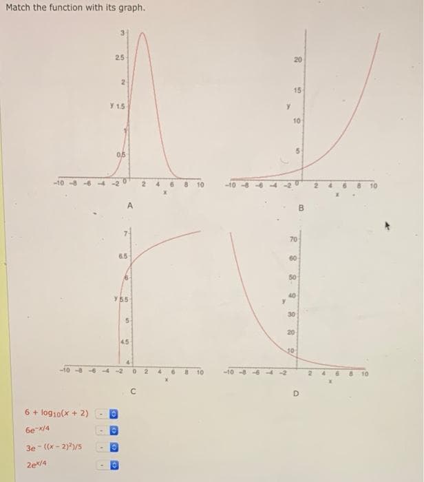 Match the function with its graph.
3.
2.5
20
2
15
y 15
10
0,5
-10 -8
-2
0.
2
6 8 10
-10
10
A
7.
70
6.5
60
50
40
Y55
30
20
4.5
30
4
-2
4.
6.
10
-10
10
D
6 + log10(x + 2)
6e x/4
3e - ((x - 2))/5
2e/4
5n
