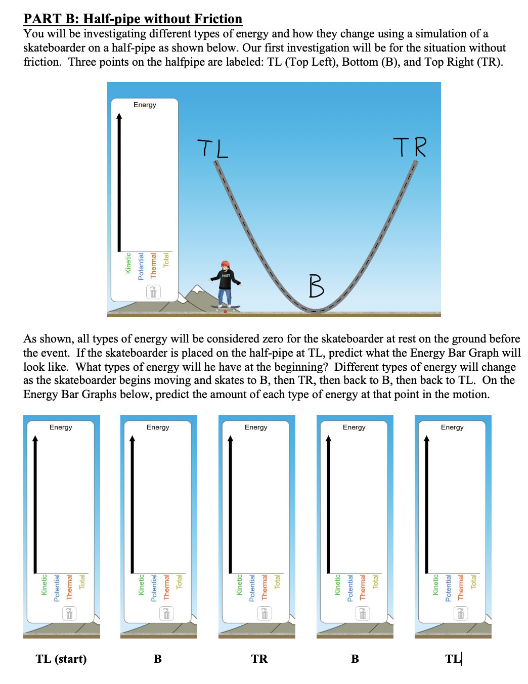 You will be investigating different types of energy and how they change using a simulation of a
skateboarder on a half-pipe as shown below. Our first investigation will be for the situation without
friction. Three points on the halfpipe are labeled: TL (Top Left), Bottom (B), and Top Right (TR).
Energy
TL
TR
В
loneuiy
Potential
E Thermal
Total
