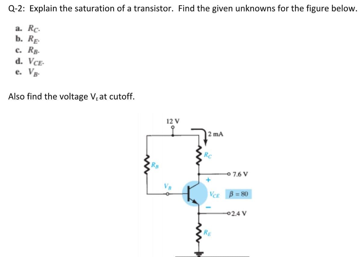 Q-2: Explain the saturation of a transistor. Find the given unknowns for the figure below.
а. Rc.
b. RE-
c. Rg.
d. VCE-
e. Vg-
Also find the voltage V at cutoff.
12 V
2 mA
Rc
o 7.6 V
VCE B = 80
02.4 V
RE
