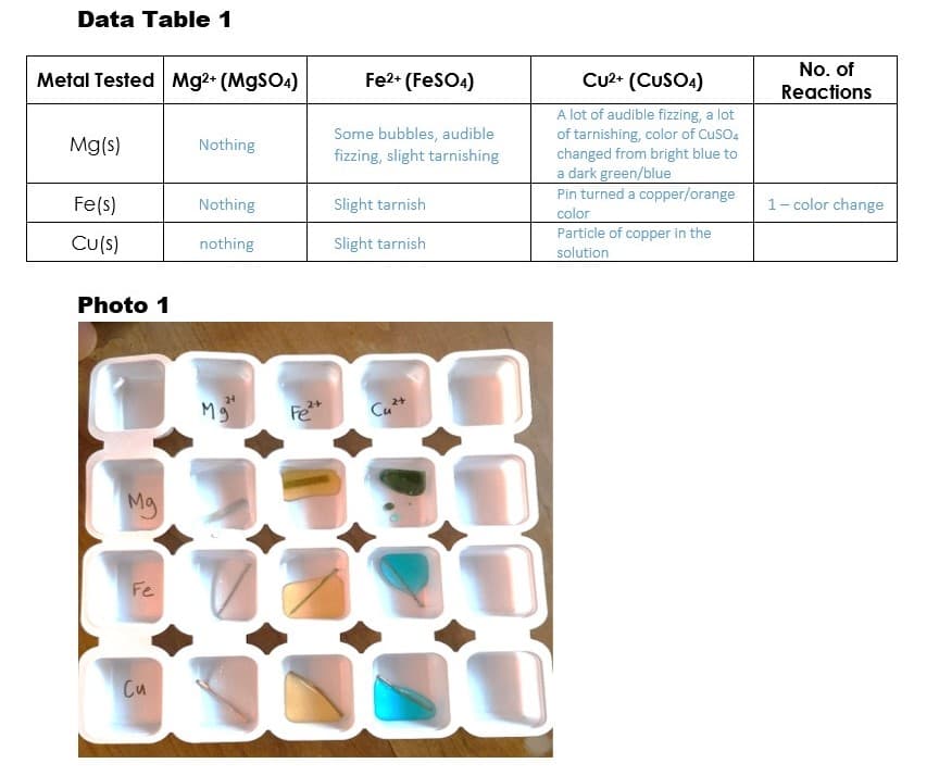 Data Table 1
No. of
Metal Tested Mg2+ (MgSO4)
Fe2+ (FeSO4)
CU2+ (CUSOA)
Reactions
A lot of audible fizzing, a lot
of tarnishing, color of CusO4
changed from bright blue to
a dark green/blue
Pin turned a copper/orange
Mg(s)
Some bubbles, audible
fizzing, slight tarnishing
Nothing
Fe(s)
Nothing
Slight tarnish
1- color change
color
Cu(s)
Particle of copper in the
solution
nothing
Slight tarnish
Photo 1
Fe*
Cu*+
Mg
Mg
Fe
Cu
