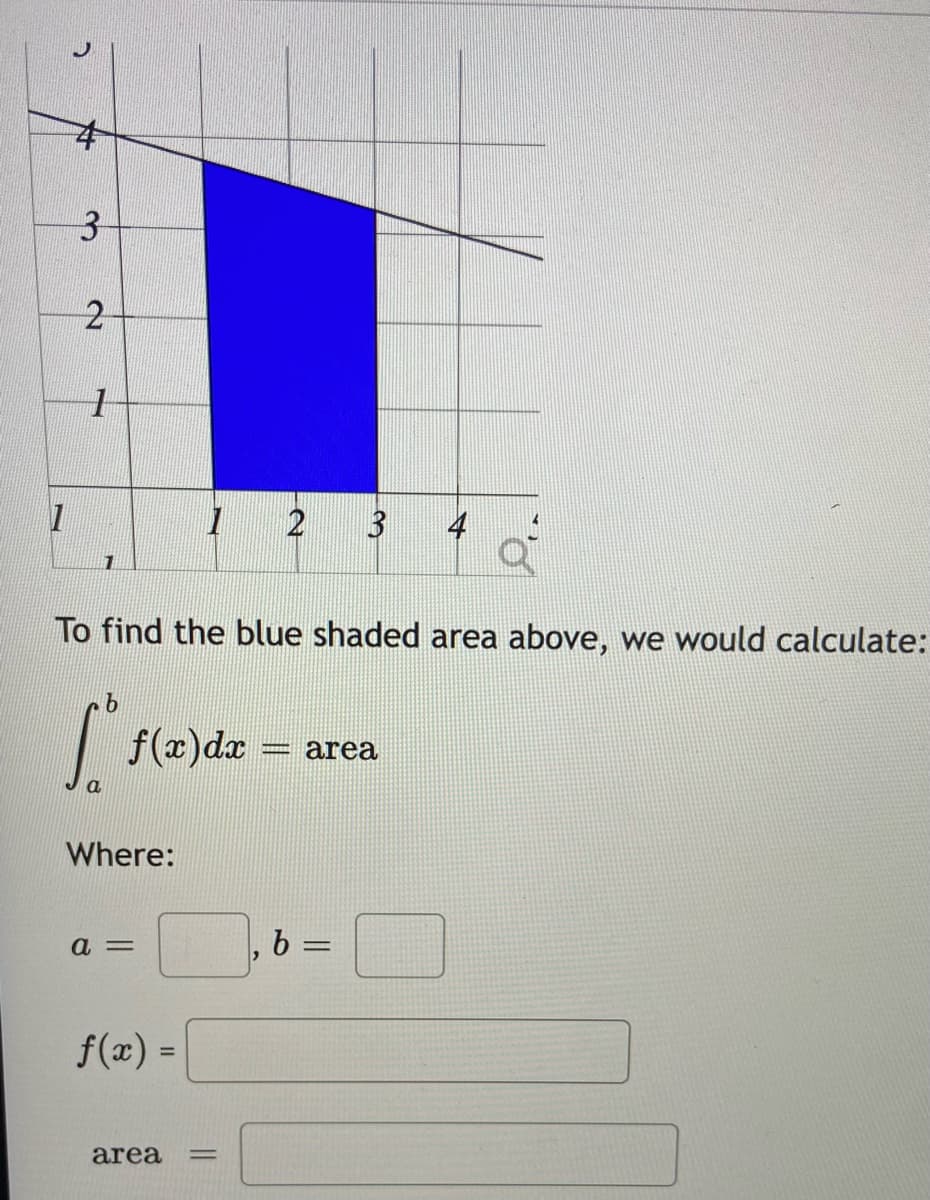 1
7
N
3
2
374
1
b
[ f(x) dx
F
a
Where:
1
To find the blue shaded area above, we would calculate:
a =
f(x) =
2 3 4
area =
area
Q
b =