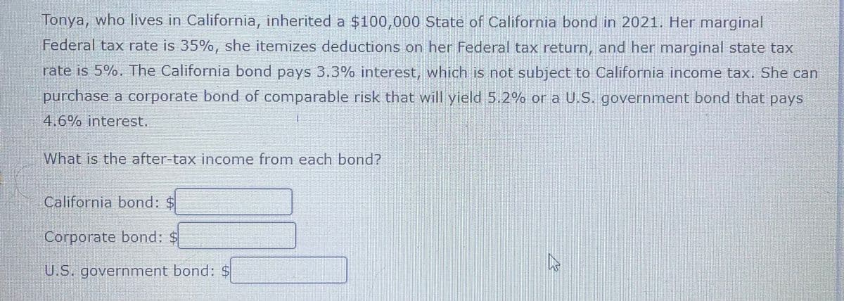 Tonya, who lives in California, inherited a $100,000 State of California bond in 2021. Her marginal
Federal tax rate is 35%, she itemizes deductions on her Federal tax return, and her marginal state tax
rate is 5%. The California bond pays 3.3% interest, which is not subject to California income tax. She can
purchase a corporate bond of comparable risk that will yield 5.2% or a U.S. government bond that pays
4.6% interest.
What is the after-tax income from each bond?
California bond: $
Corporate bond: $
U.S. government bond: $
