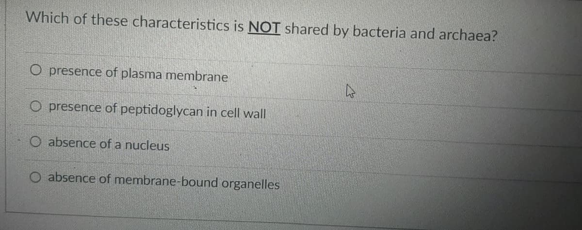 Which of these characteristics is NOT shared by bacteria and archaea?
O presence of plasma membrane
O presence of peptidoglycan in cell wall
O absence of a nucleus
absence of membrane-bound organelles
