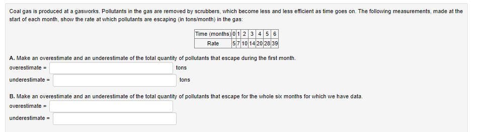 Coal gas is produced at a gasworks. Pollutants in the gas are removed by scrubbers, which become less and less efficient as time goes on. The following measurements, made at the
start of each month, show the rate at which pollutants are escaping (in tons/month) in the gas:
Time (months) 0 12 3456
57 10 14 20 28 39
Rate
A. Make an overestimate and an underestimate of the total quantity of pollutants that escape during the first month.
overestimate =
tons
underestimate =
tons
B. Make an overestimate and an underestimate of the total quantity of pollutants that escape for the whole six months for which we have data.
overestimate =
underestimate =
