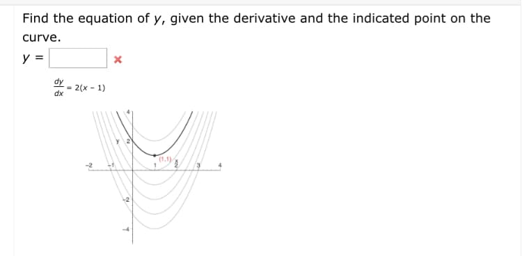 Find the equation of y, given the derivative and the indicated point on the
curve.
y =
dy
- 2(x - 1)
dx
