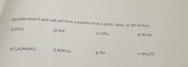 20) Determine if each salt will form a solution that is acidic, basic, or pH neutral.
a) FeCl₂
b) NaF
c) CaBra
d) NH.Br
e) CH₂NH₂NO₂
f) Al(NO₂)
g) Rbl
BÌNH CO
