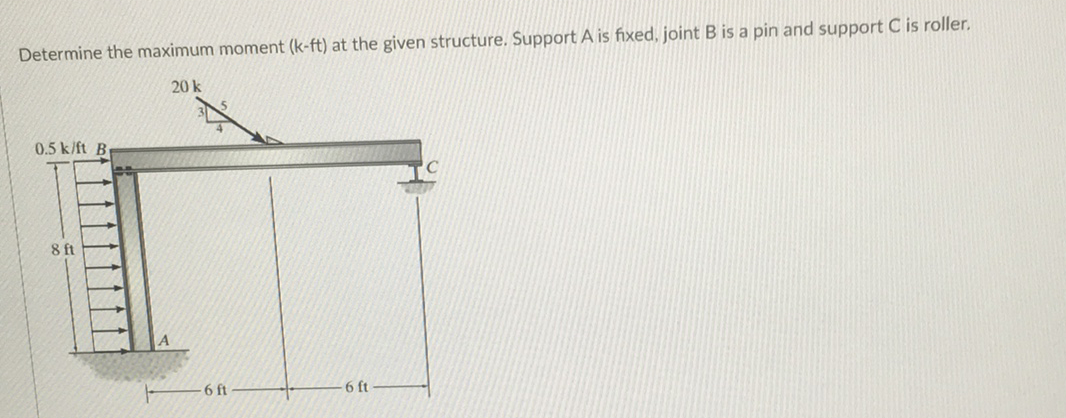 Determine the maximum moment (k-ft) at the given structure. Support A is fixed, joint B is a pin and support C is roller.
20 k
0.5 k/ft B
8 ft
6 ft
6 ft
