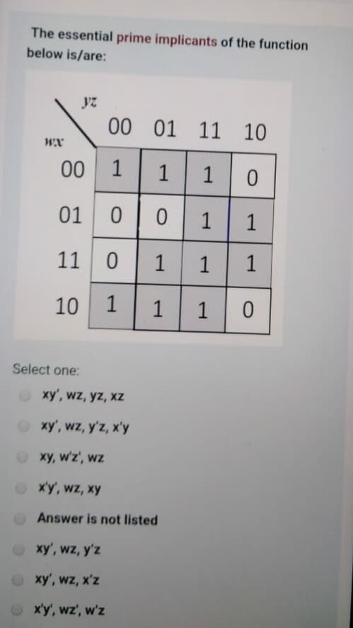 The essential prime implicants of the function
below is/are:
yz
00 01
11 10
wx
00
1
1
1
01 0
1
1
11 0
1
1
1
10
1
1
Select one:
O xy', wz, yz, xZ
xy', wz, y'z, x'y
Oxy, w'z', wz
Oxy, wz, xy
Answer is not listed
xy', wz, y'z
xy', wz, x'z
Oxy', wz', w'z
1.
