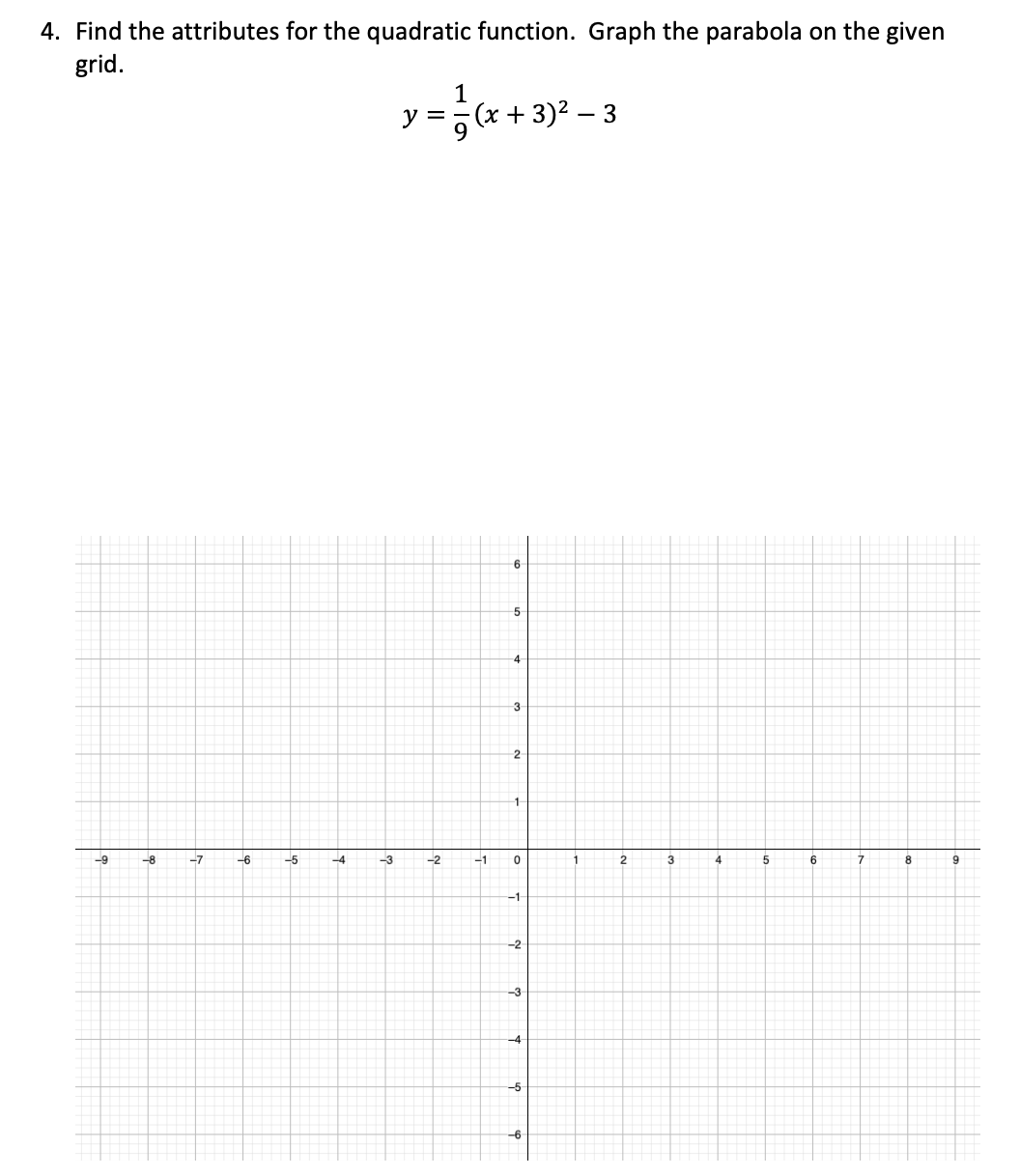 4. Find the attributes for the quadratic function. Graph the parabola on the given
grid.
1
y =, (x + 3)² – 3
6
-4
-1
-8
-7
-6
-5
-4
-3
-2
-1
1
2
5
6
7
8
9
-2
-3
-4
-5
-6
