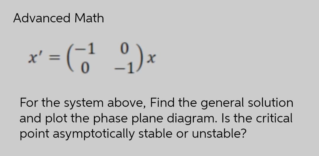 Advanced Math
x'
%3D
|
For the system above, Find the general solution
and plot the phase plane diagram. Is the critical
point asymptotically stable or unstable?
