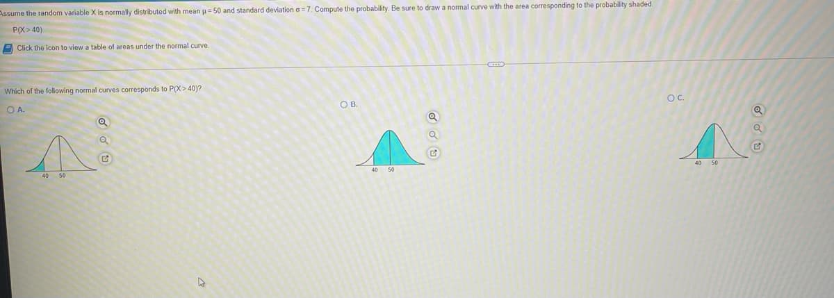 Assume the random variable X is normally distributed with mean u= 50 and standard deviation o=7. Compute the probability. Be sure to draw a normal curve with the area corresponding to the probability shaded.
P(X> 40)
E Click the icon to view a table of areas under the normal curve
Which of the following normal curves corresponds to P(X> 40)?
OC.
O B.
40 50
40 50
