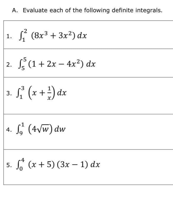 A. Evaluate each of the following definite integrals.
2
Sí (8x3 + 3x2) dx
2. (1+ 2x – 4x²) dx
3
3.
S (x +) dx
S, (4vw) dw
4.
4
5. . (x + 5) (3x – 1) dx
1.
