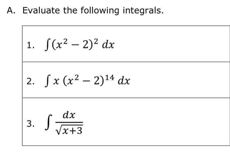 A. Evaluate the following integrals.
1.
S(x² – 2)² dx
S x (x² – 2)14 dx
dx
Vx+3
2.
3.
