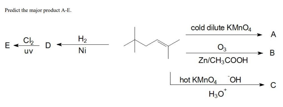 Predict the major product A-E.
cold dilute KMnO4
ty
A
Ch
H2
Ni
O3
uv
Zn/CH3COOH
hot KMNO4
OH
H30
