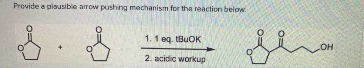 Provide a plausible arrow pushing mechanism for the reaction below.
1.1 eq. tBuOK
HO
2. acidic workup
