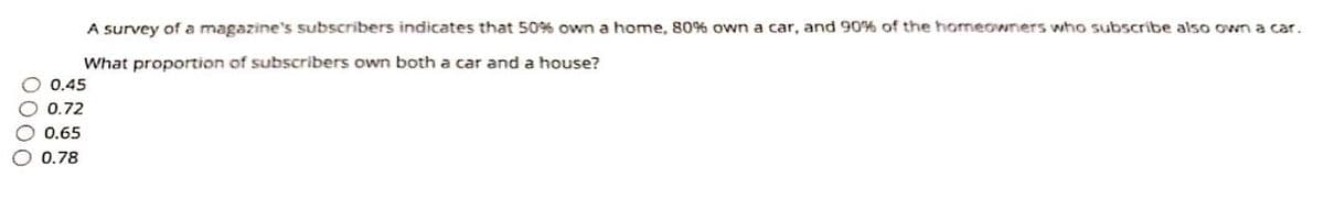 A survey of a magazine's subscribers indicates that 50% own a home, 80% own a car, and 90% of the homeowners who subscribe also own a car.
What proportion of subscribers own both a car and a house?
O 0.45
0.72
0.65
0.78
