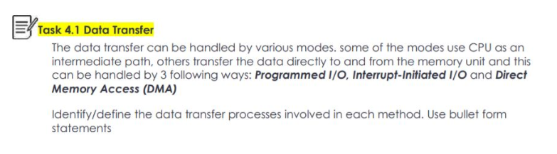 Task 4.1 Data Transfer
The data transfer can be handled by various modes. some of the modes use CPU as an
intermediate path, others transfer the data directly to and from the memory unit and this
can be handled by 3 following ways: Programmed I/O, Interrupt-Initiated I/O and Direct
Memory Access (DMA)
Identify/define the data transfer processes involved in each method. Use bullet form
statements