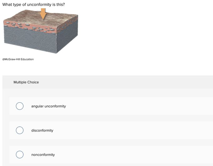 What type of unconformity is this?
ett Fes
@McGraw-Hill Education
Multiple Choice
angular unconformity
disconformity
nonconformity