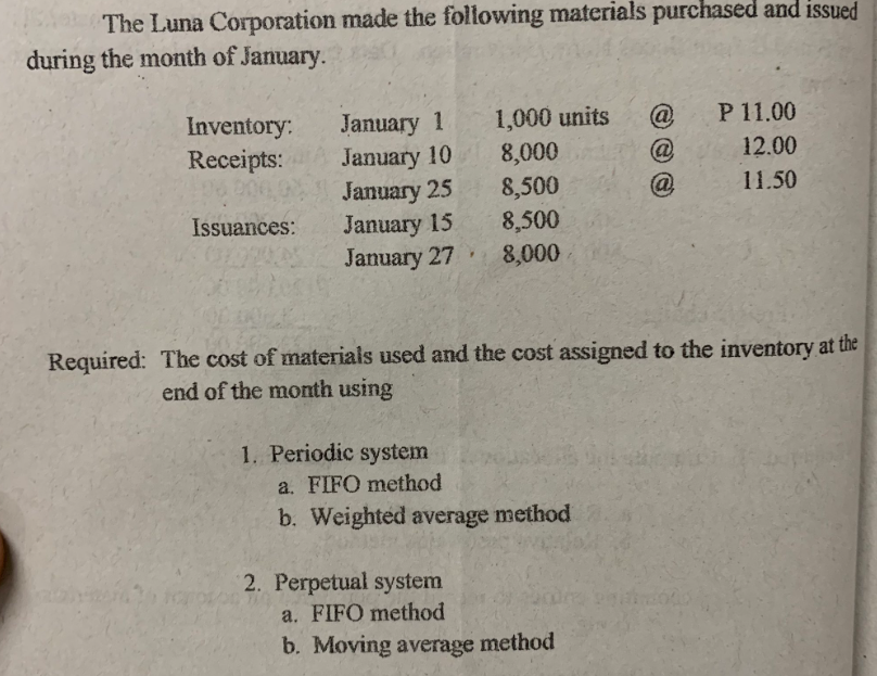 The Luna Corporation made the following materials purchased and issued
during the month of January.
Inventory:
Receipts:
Issuances:
January 1
January 10
January 25
January 15
January 27
1,000 units
8,000
8,500
8,500
8,000
1. Periodic system
a. FIFO method
b. Weighted average method
@
@
Required: The cost of materials used and the cost assigned to the inventory at the
end of the month using
2. Perpetual system
a. FIFO method
b. Moving average method
P 11.00
12.00
11.50