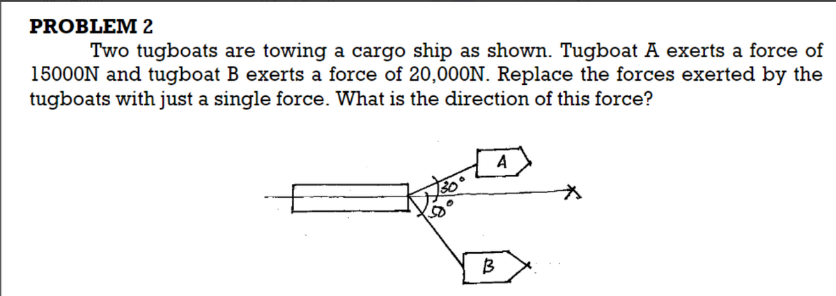PROBLEM 2
Two tugboats are towing a cargo ship as shown. Tugboat A exerts a force of
15000N and tugboat B exerts a force of 20,000N. Replace the forces exerted by the
tugboats with just a single force. What is the direction of this force?
A
B