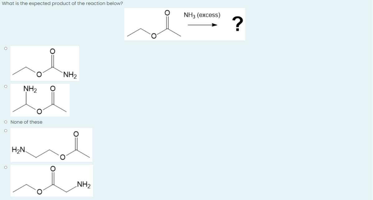 What is the expected product of the reaction below?
O
O
NH₂
O None of these
O
H₂N
O
O:
O:
NH₂
NH₂
O
NH3 (excess)
?