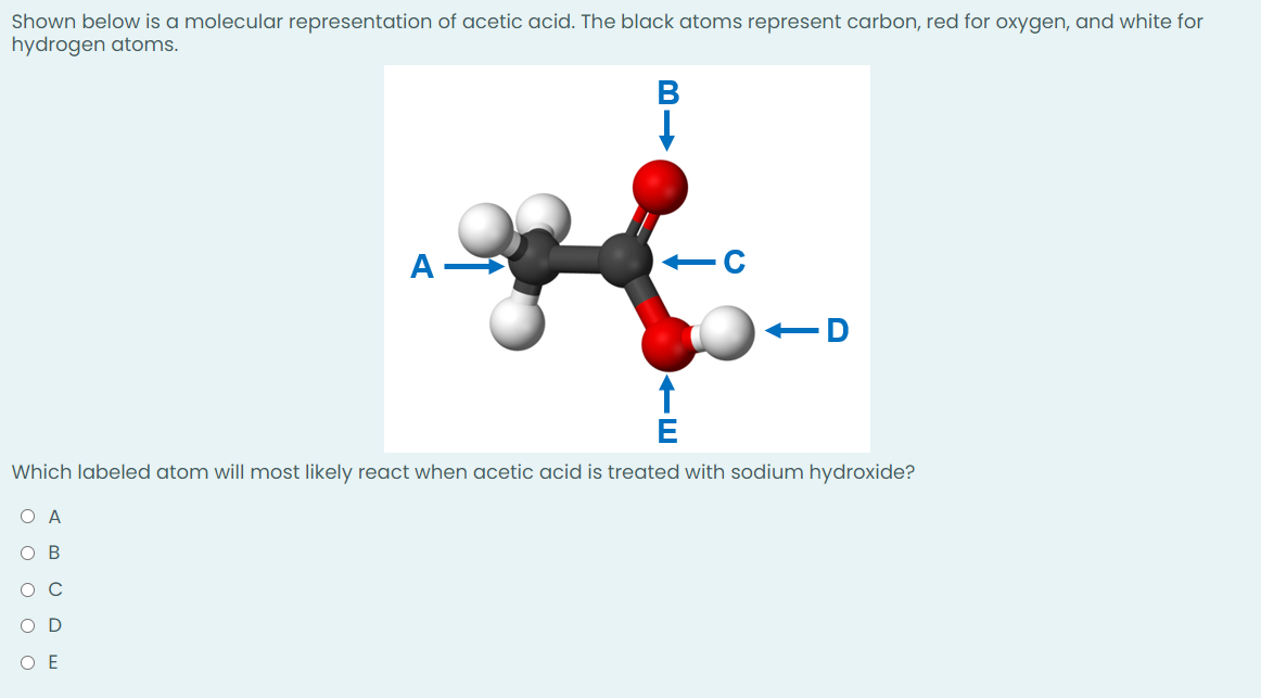 Shown below is a molecular representation of acetic acid. The black atoms represent carbon, red for oxygen, and white for
hydrogen atoms.
B
A-
D
Which labeled atom will most likely react when acetic acid is treated with sodium hydroxide?
O A
BUDL
E
←E
-C