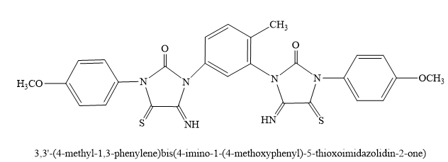 CH3
H;CO-
-N'
-OCH3
NH
HN
3,3'-(4-methyl-1,3-phenylene)bis(4-imino-1-(4-methoxyphenyl)-5-thioxoimidazolidin-2-one)
