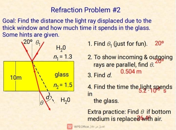 Refraction Problem #2
Goal: Find the distance the light ray displaced due to the
thick window and how much time it spends in the glass.
Some hints are given.
20° 0
1. Find e, (just for fun). 20°
H,0
n = 1.3
2. To show incoming & outgging
rays are parallel, find e.
0.504 m
10m
glass
3. Find d.
M = 1.5
4. Find the time the light spends
5.2'
in
H,0
the glass.
Extra practice: Find 0 if bottom
medium is replacedwith air.
w WPS Office Js j Jea
