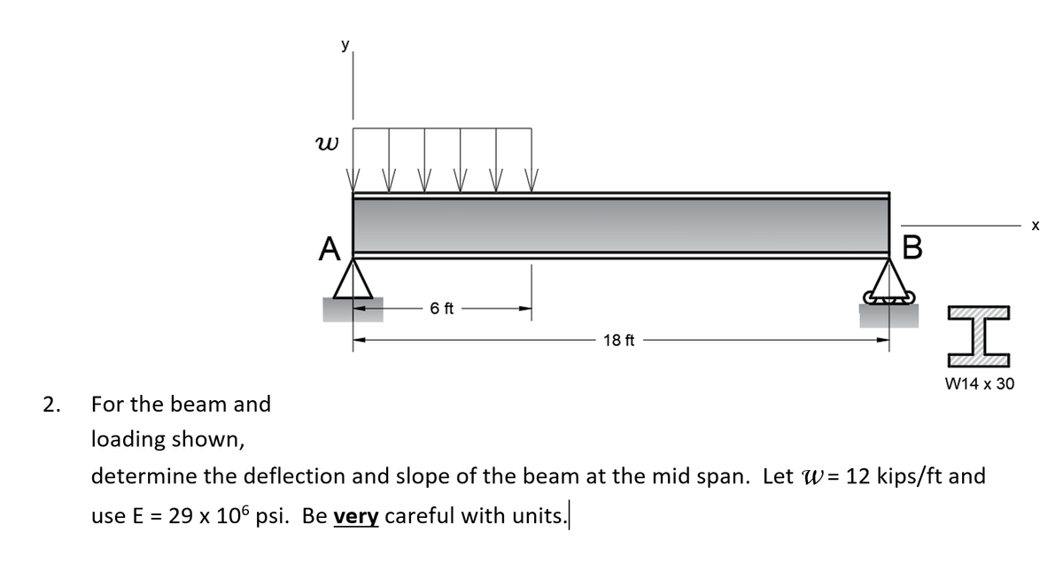 2.
W
y
A
6 ft
18 ft
B
H
W14 x 30
For the beam and
loading shown,
determine the deflection and slope of the beam at the mid span. Let W= 12 kips/ft and
use E = 29 x 106 psi. Be very careful with units.
X