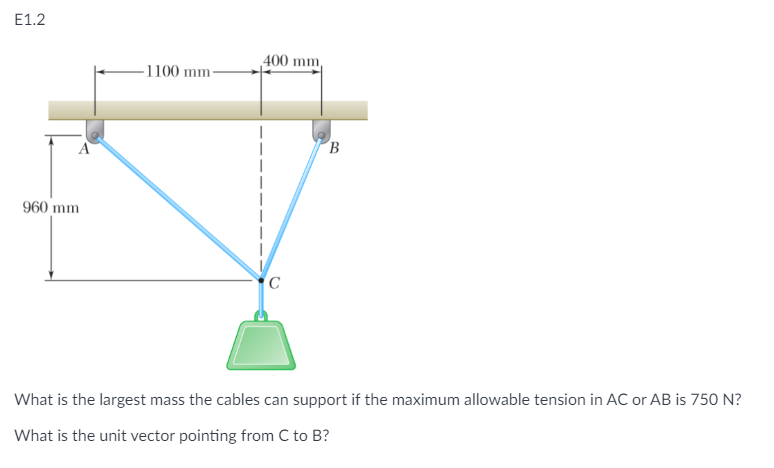 E1.2
960 mm
-1100 mm-
400 mm,
B
What is the largest mass the cables can support if the maximum allowable tension in AC or AB is 750 N?
What is the unit vector pointing from C to B?