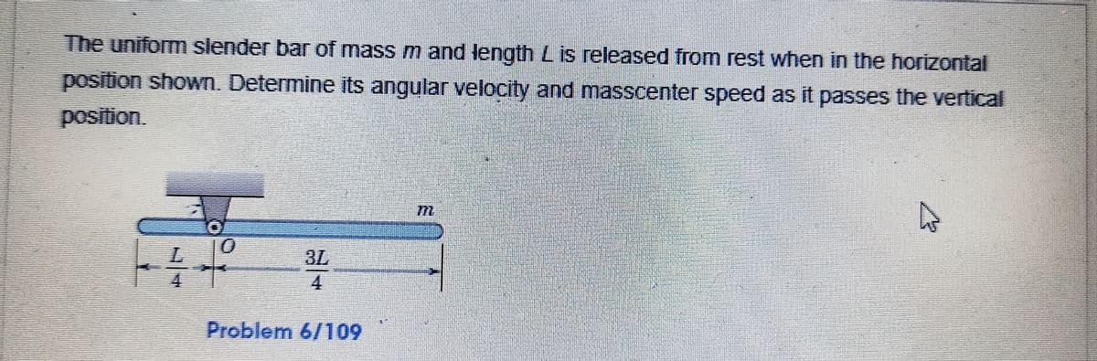 The uniform slender bar of mass m and length L is released from rest when in the horizontal
position shown. Determine its angular velocity and masscenter speed as it passes the vertical
position.
3L
4.
Problem 6/109
