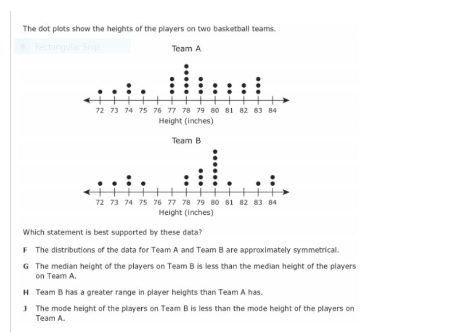 The dot plots show the heights of the players on two basketball teams.
Rectangular Snip
Team A
72 73 74 75 76 77 78 79 80 81 82 83 84
Height (inches)
Team B
72 73 74 75 76 77 78 79 80 81 82 83 84
Height (inches)
Which statement is best supported by these data?
F The distributions of the data for Team A and Team B are approximately symmetrical.
G The median height of the players on Team B is less than the median height of the players
on Team A.
H Team B has a greater range in player heights than Team A has.
J The mode height of the players on Team B is less than the mode height of the players on
Team A.
•..
