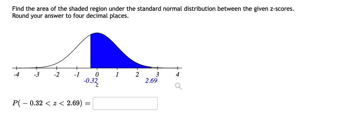 Find the area of the shaded region under the standard normal distribution between the given z-scores.
Round your answer to four decimal places.
-4
-3
-2
1
2
3
2.69
4
-0.32
P( – 0.32 < z < 2.69)
