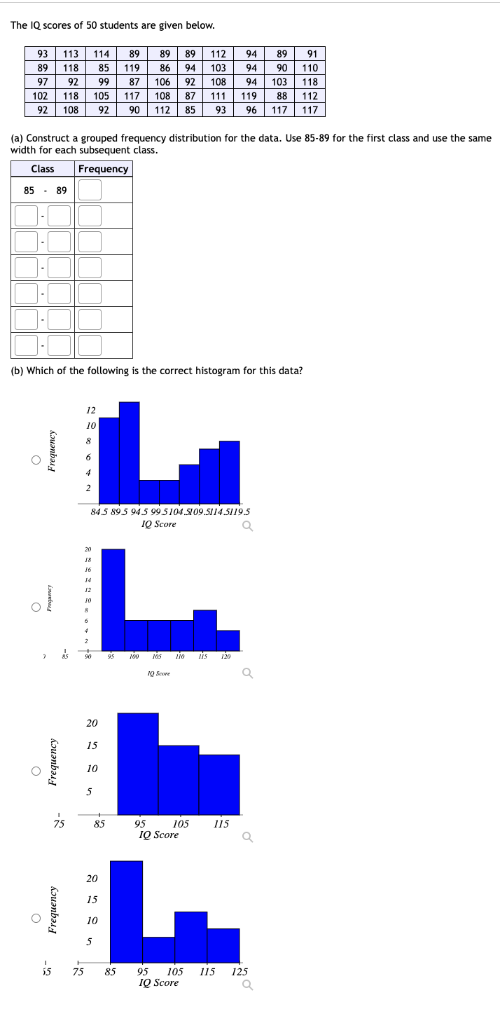 The IQ scores of 50 students are given below.
93 113
114
89
89 89
112
94
89
91
89 118
85| 119
86
94
103
94
90
110
97
92
99
87
106 92
108
94
103
118
102
118
105 117
108
87
111
119
88
112
92 | 108
92
90| 112 85
93
96 117
117
(a) Construct a grouped frequency distribution for the data. Use 85-89 for the first class and use the same
width for each subsequent class.
Class
Frequency
85 - 89
(b) Which of the following is the correct histogram for this data?
12
10
8
6.
4
2
84.5 89,5 945 99,5104,5109,5114,5119.5
IQ Score
20
18
16
14
12
10
8
4
2
95
100
105
io
is
120
90
110
115
10 Score
20
15
10
5
75
85
95
105
115
IQ Score
20
15
10
5
55
75
85
95
105
115
125
IQ Score
kɔuənbas
Kouənbəs
Kouənbəsy
