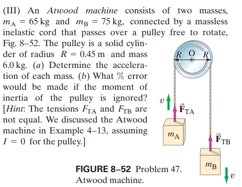 (III) An Atwood machine consists of two masses,
ma = 65 kg and mg = 75 kg, connected by a massless
inelastic cord that passes over a pulley free to rotate,
Fig. 8–52. The pulley is a solid cylin-
der of radius R = 0.45 m and mass
6.0 kg. (a) Determine the accelera-
tion of each mass. (b) What % error
would be made if the moment of
ROR
inertia of the pulley is ignored?
[Hint: The tensions FTA and FrB are
not equal. We discussed the Atwood
machine in Example 4–13, assuming
I = 0 for the pulley.]
FTA
TB
FIGURE 8–52 Problem 47.
MB
Atwood machine.
