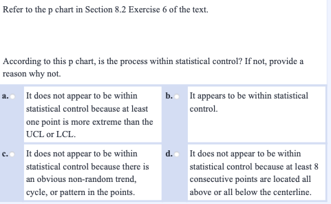 Refer to the p chart in Section 8.2 Exercise 6 of the text.
According to this p chart, is the process within statistical control? If not, provide a
reason why not.
It does not appear to be within
b.
It appears to be within statistical
a.
statistical control because at least
control.
one point is more extreme than the
UCL or LCL.
c. It does not appear to be within
d.
It does not appear to be within
statistical control because there is
statistical control because at least 8
an obvious non-random trend,
consecutive points are located all
cycle, or pattern in the points.
above or all below the centerline.
