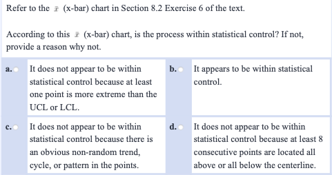 Refer to the i (x-bar) chart in Section 8.2 Exercise 6 of the text.
According to this (x-bar) chart, is the process within statistical control? If not,
provide a reason why not.
It does not appear to be within
It appears to be within statistical
a.
b.
statistical control because at least
control.
one point is more extreme than the
UCL or LCL.
It does not appear to be within
d.
It does not appear to be within
statistical control because there is
statistical control because at least 8
an obvious non-random trend,
consecutive points are located all
cycle, or pattern in the points.
above or all below the centerline.
