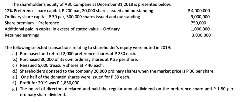 The shareholder's equity of ABC Company at December 31,2018 is presented below:
12% Preference share capital, P 200 par, 20,000 shares issued and outstanding
Ordinary share capital, P 30 par, 300,000 shares issued and outstanding
P 4,000,000
9,000,000
Share premium – Preference
750,000
Additional paid in capital in excess of stated value – Ordinary
Retained earnings
1,000,000
3,000,000
The following selected transactions relating to shareholder's equity were noted in 2019:
a.) Purchased and retired 2,000 preference shares at P 230 each.
b.) Purchased 30,000 of its own ordinary shares at P 35 per share.
c.) Reissued 5,000 treasury shares at P 40 each.
d.) Shareholders donated to the company 20,000 ordinary shares when the market price is P 36 per share.
e.) One half of the donated shares were issued for P 39 each.
f.) Profit for 2019 was P 1,850,000.
g.) The board of directors declared and paid the regular annual dividend on the preference share andP 1.50 per
ordinary share dividend.

