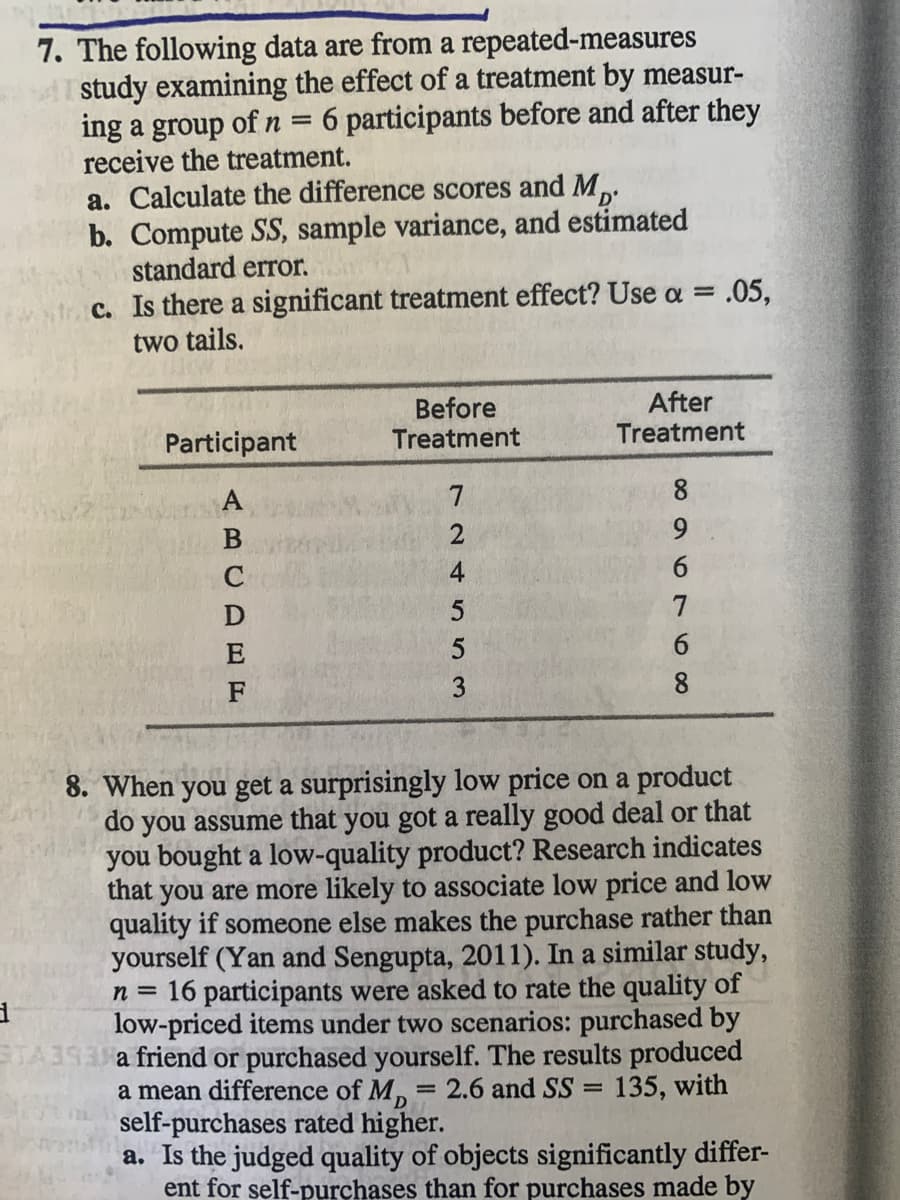 7. The following data are from a repeated-measures
study examining the effect of a treatment by measur-
ing a group of n = 6 participants before and after they
receive the treatment.
a. Calculate the difference scores and M
b. Compute SS, sample variance, and estimated
standard error.
c. Is there a significant treatment effect? Use a = .05,
two tails.
D'
Before
Treatment
After
Treatment
Participant
7
8.
2
C
4
6.
5
7
E
5
6.
F
3
8
8. When you get a surprisingly low price on a product
do you assume that you got a really good deal or that
you bought a low-quality product? Research indicates
that you are more likely to associate low price and low
quality if someone else makes the purchase rather than
yourself (Yan and Sengupta, 2011). In a similar study,
n = 16 participants were asked to rate the quality of
low-priced items under two scenarios: purchased by
a friend or purchased yourself. The results produced
a mean difference of M,
self-purchases rated higher.
a. Is the judged quality of objects significantly differ-
ent for self-purchases than for purchases made by
STA
2.6 and SS
135, with
%3D
