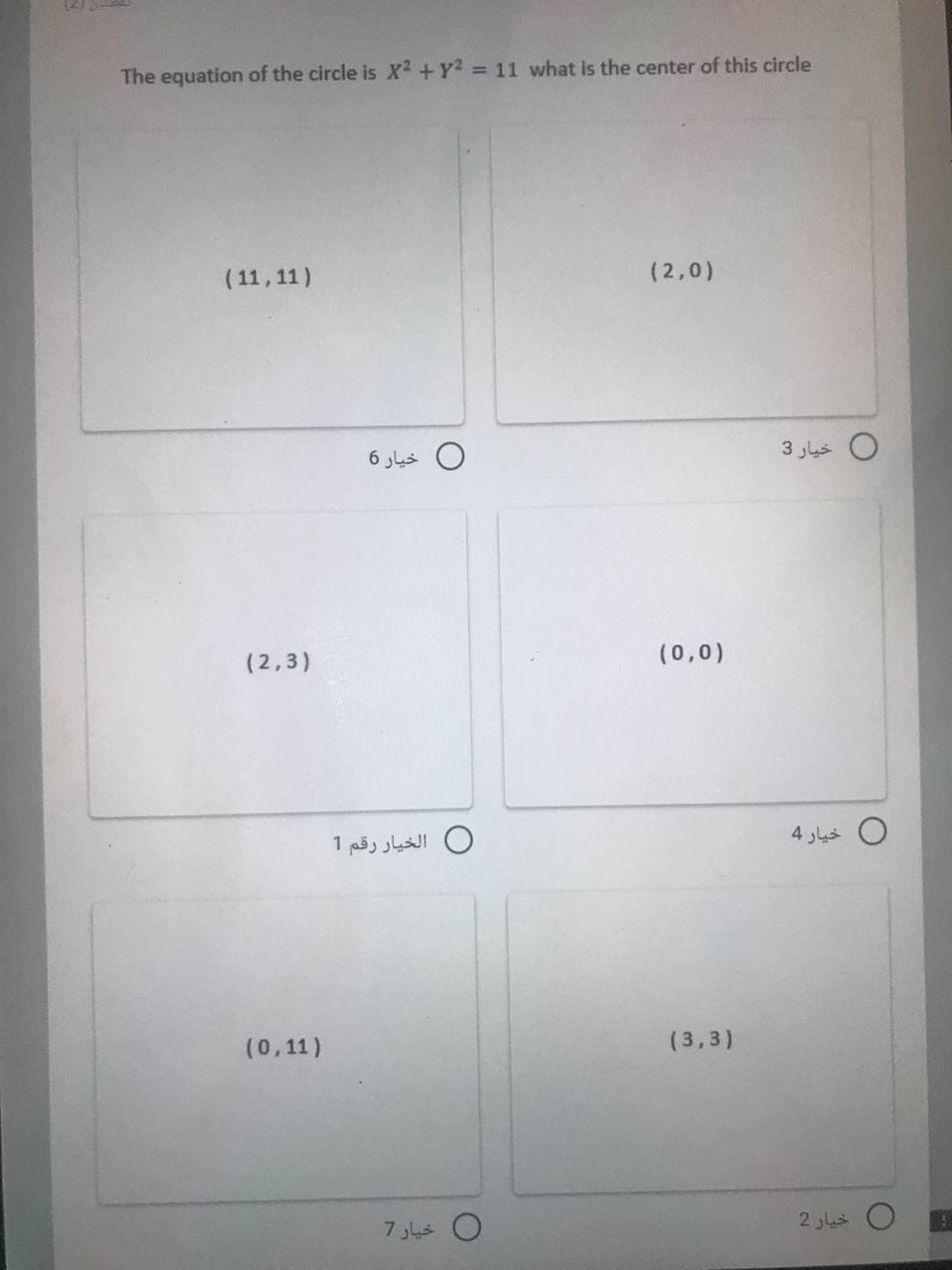 The equation of the circle is X² +Y? = 11 what is the center of this circle
(11,11)
(2,0)
O خيار 6
0 خيار 3
(2,3)
(0,0)
خيار 4
O الخيار رقم 1
(0,11)
(3,3)
خيار 2
خيار 7

