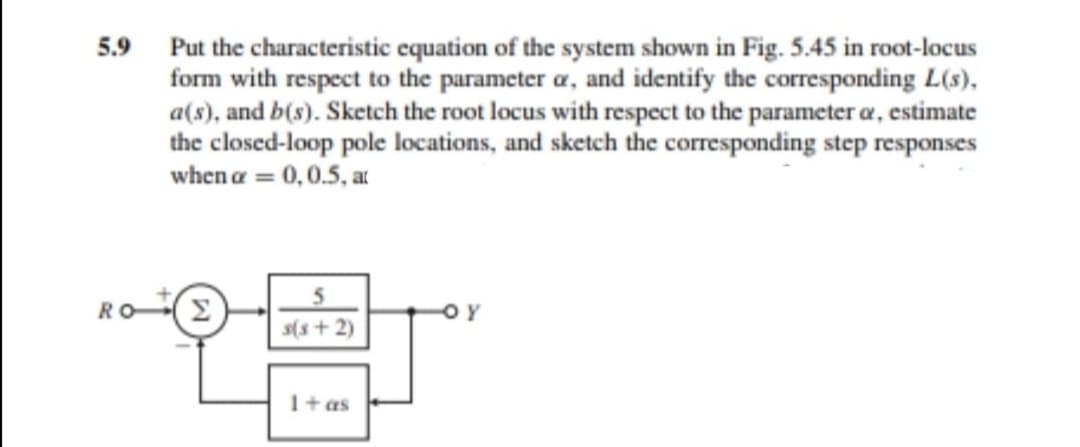 5.9
Put the characteristic equation of the system shown in Fig. 5.45 in root-locus
form with respect to the parameter a, and identify the corresponding L(s),
a(s), and b(s). Sketch the root locus with respect to the parameter a, estimate
the closed-loop pole locations, and sketch the corresponding step responses
when a = 0,0.5, ar
Σ
Y
s(s + 2)
I+as

