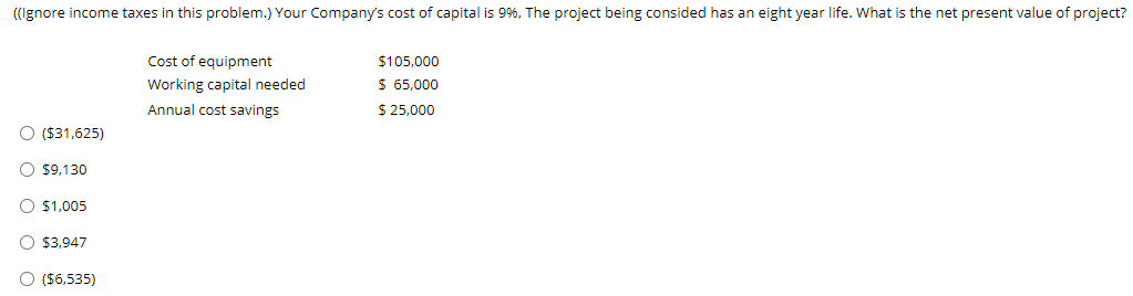 ((Ignore income taxes in this problem.) Your Company's cost of capital is 9%, The project being consided has an eight year life. What is the net present value of project?
Cost of equipment
$105,000
Working capital needed
$ 65,000
Annual cost savings
$ 25,000
($31,625)
$9,130
O $1,005
O $3,947
O ($6,535)
O O O O
