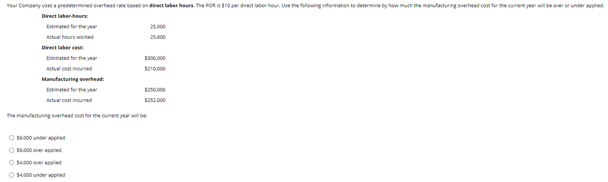 Your Company uses a predetermined overhead rate based on direct labor hours. The POR is $10 per direct labor hour. Use the following information to determine by how much the manufacturing overhead cost for the current year will be over or under applied.
Direct labor-hours:
Estimated for the year
25,000
Actual hours worked
25,600
Direct labor cost:
Estimated for the year
$300,000
Actual cost incurred
$210,000
Manufacturing overhead:
Estimated for the year
$250,000
Actual cost incurred
$252,000
The manufacturing overhead cost for the current year will be:
O $6,000 under applied
O $6,000 over applied
O $4,000 over applied
O $4,000 under applied
