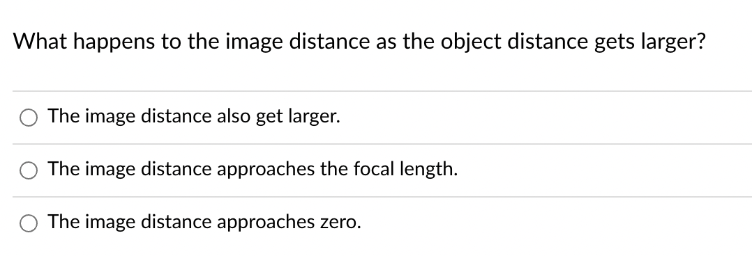What happens to the image distance as the object distance gets larger?
The image distance also get larger.
The image distance approaches the focal length.
The image distance approaches zero.
