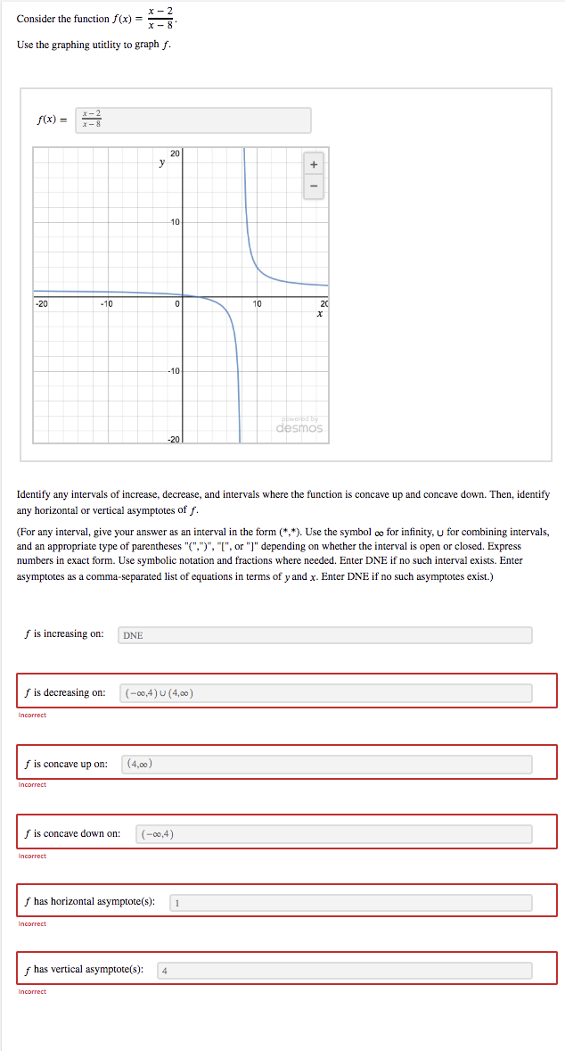 Consider the function f(x) = .
Use the graphing utitlity to graph f.
f(x) =
20
y
10
-20
-10
10
20
-10
apwered by
desmos
-20
Identify any intervals of increase, decrease, and intervals where the function is concave up and concave down. Then, identify
any horizontal or vertical asymptotes of f.
(For any interval, give your answer as an interval in the form (*,*). Use the symbol co for infinity, u for combining intervals,
and an appropriate type of parentheses "(",")", "[", or "]" depending on whether the interval is open or closed. Express
numbers in exact form. Use symbolic notation and fractions where needed. Enter DNE if no such interval exists. Enter
asymptotes as a comma-separated list of equations in terms of y and x. Enter DNE if no such asymptotes exist.)
f is increasing on:
DNE
f is decreasing on:
(-00,4) U (4,00)
Incorrect
f is concave up on:
(4,00)
Incorrect
f is concave down on:
(-00,4)
Incorrect
f has horizontal asymptote(s):
Incorrect
has vertical asymptote(s):
Incorrect
