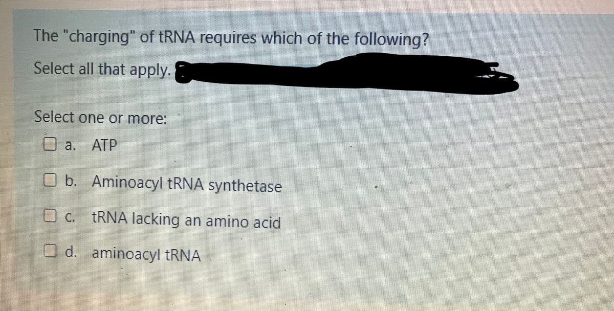 The "charging" of tRNA requires which of the following?
Select all that apply.
Select one or more:
O a. ATP
O b. Aminoacyl tRNA synthetase
Oc. TRNA lacking an amino acid
Od. aminoacyl tRNA

